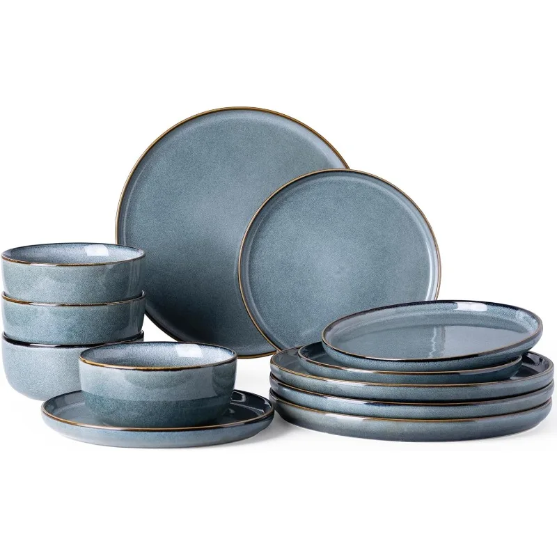 Ceramic Dinnerware Sets for 4, 12 Pieces Stoneware Plates and Bowls Reactive Glaze Dishes -Scratch Resistant