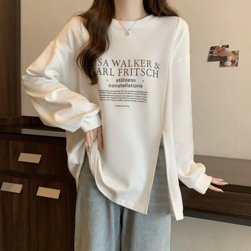 Female Clothing Letter Printed Sweatshirts Loose Spring Autumn Fashion Split Asymmetrical Casual Korean Long Sleeve Pullovers