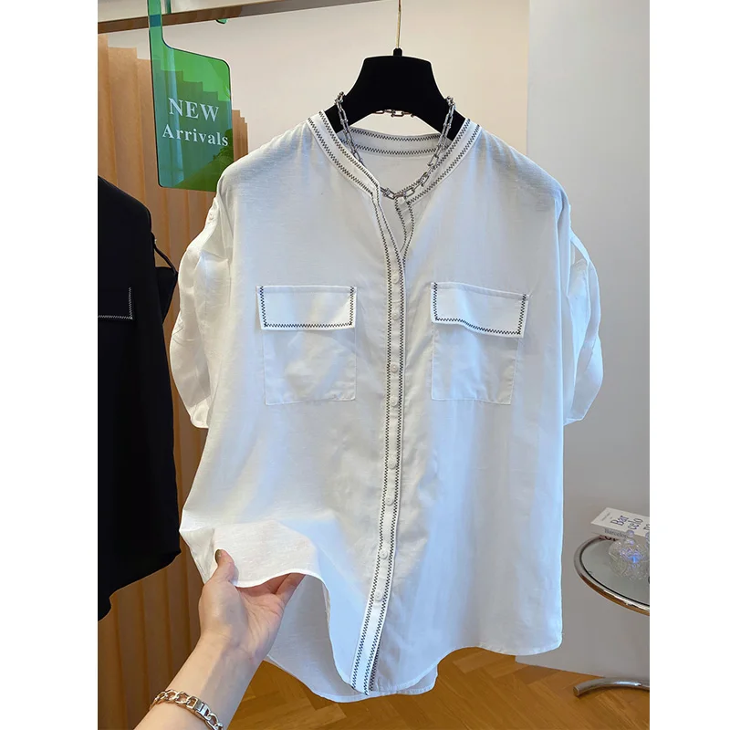 

SuperAen Short-sleeved Shirt for Women Bright Line Decoration Summer 2025 New Casual Fashion O-neck Casual Shirts