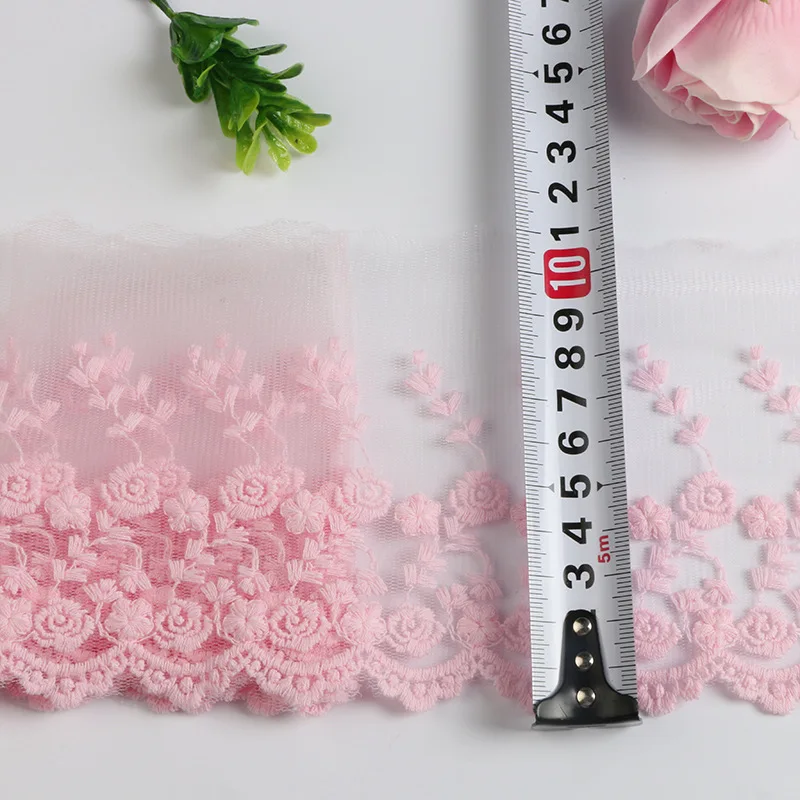 Pink Flower Embroidered Lace Ribbon French Tulle Mesh Lace Trim for DIY Skirt Headwear Sewing Accessories 2Yards