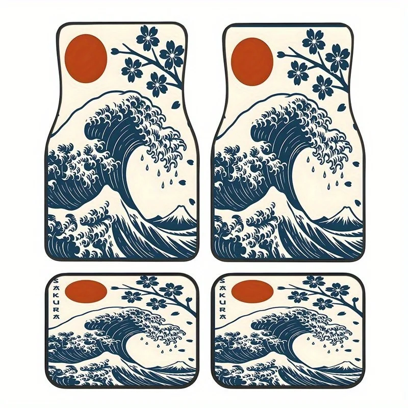 

4Pcs Japanese wave & crown car mats, durable & stylish, universal for all vehicles, perfect interior decor and holiday gifts.