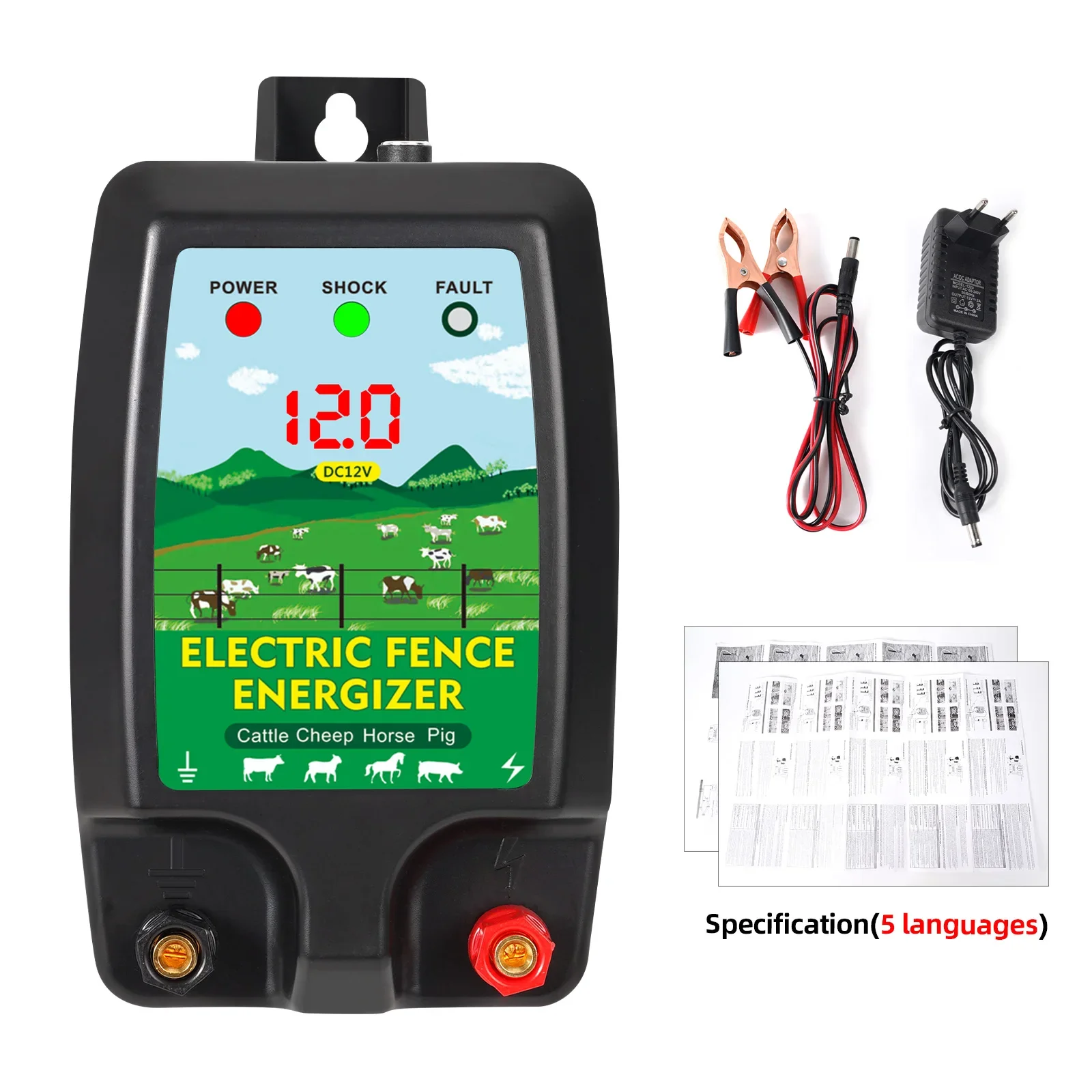 

10KM Electric Fence Energizer Digital Display Ranch Fence High Voltage Controller for Sheep Cattle Horse Poultry Livestock Tool