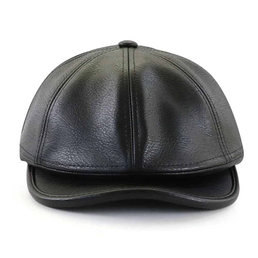 2024 Classic Leather Newsboy Cap For Men Autumn Winter Warm Octagonal Hat Snap Brim Collection Hats Gentleman Casual Beret Caps