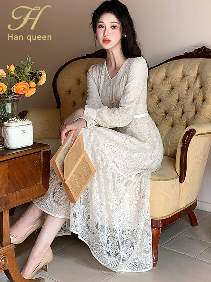 H Han Queen French Style Sashes 2025 Long Lace Dress Women's Long