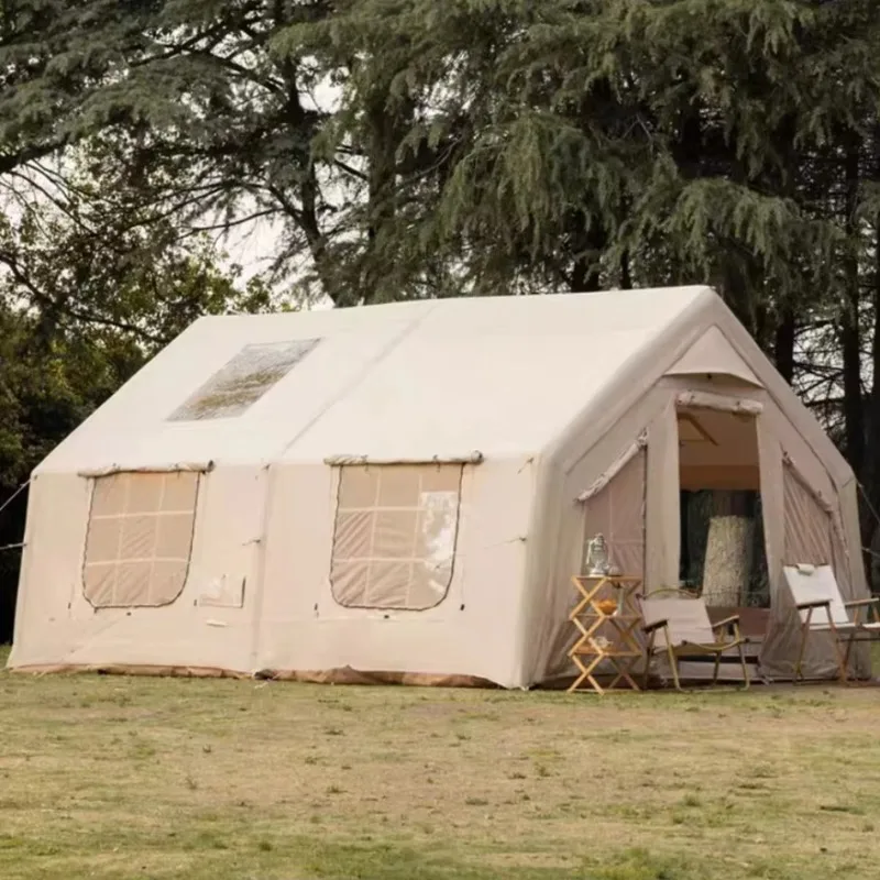 Large Luxury Four-Season Double Layer Outdoor Camping Waterproof Durable Inflatable Tent Two Rooms Chimney Opening Tube Type