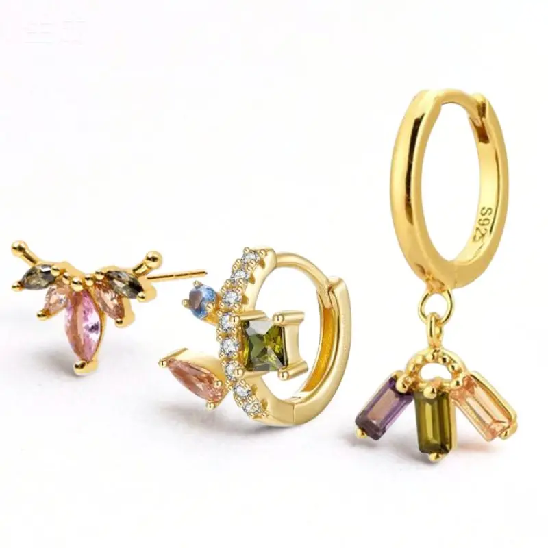 925 Silver Ear Needles Rectangular Drop-shaped Combination Hoop Earrings Crystal Retro Dark Green Earrings Fashion Party Jewelry