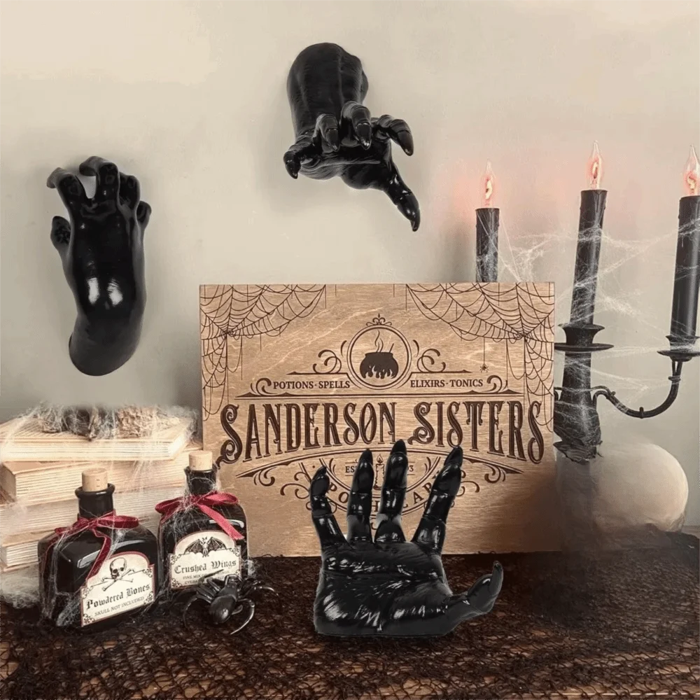 3Pcs Realistic Halloween Wall Mounted Devil's Hand Black Plastic Halloween Life-Sized Hands Decoration with Candle