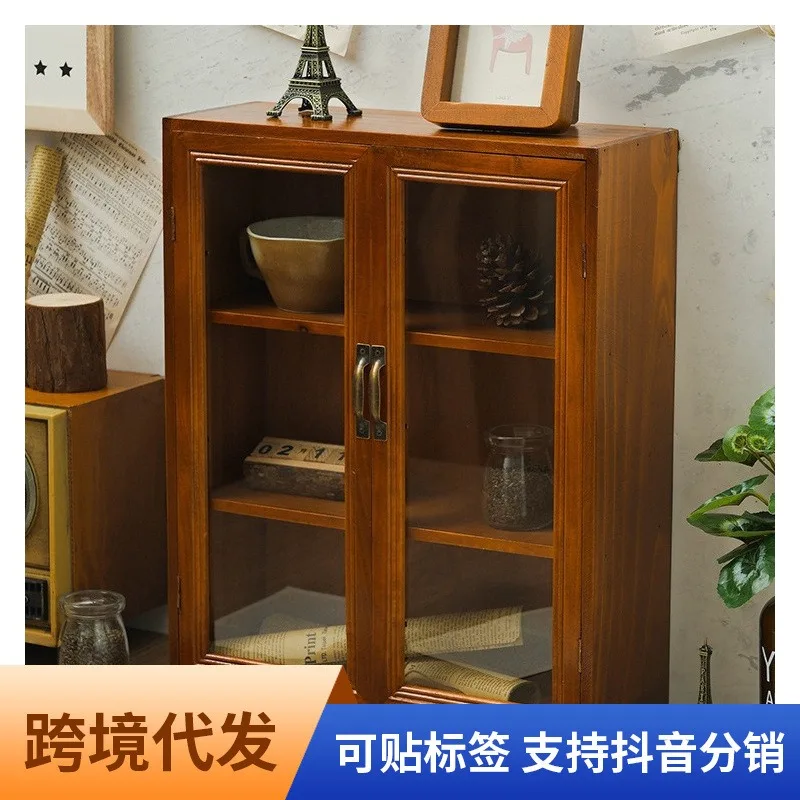 Household retro style handmade items storage cabinet double door two-layer finishing cabinet hotel decorative wooden storage cab