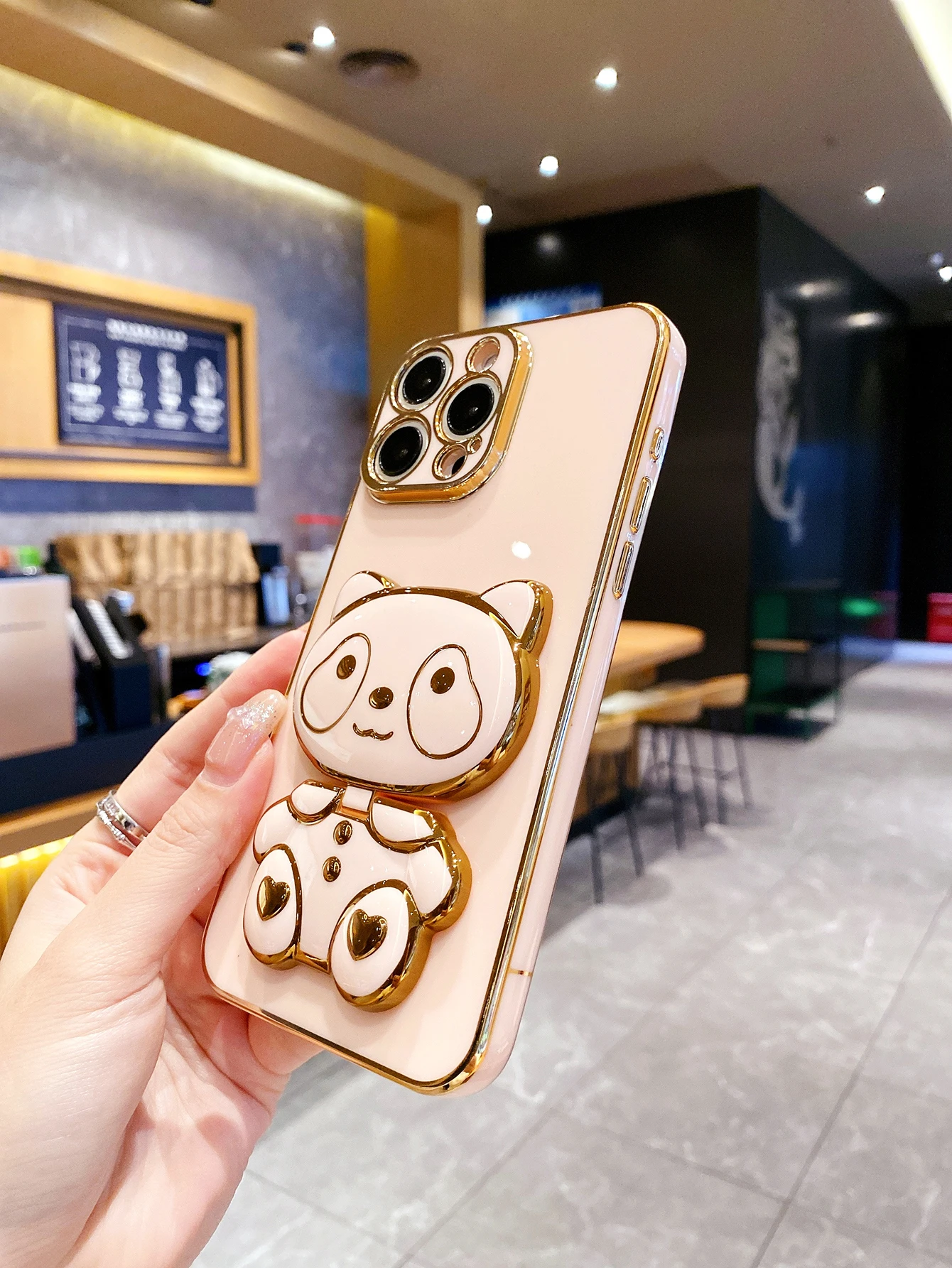 럭셔리 도금 팬더 거울 홀더 폰 케이스 아이폰 17 16 15 14 플러스 13 12 미니 11 프로 맥스 X XS XR 7 8 SE2 SE3 백 커버