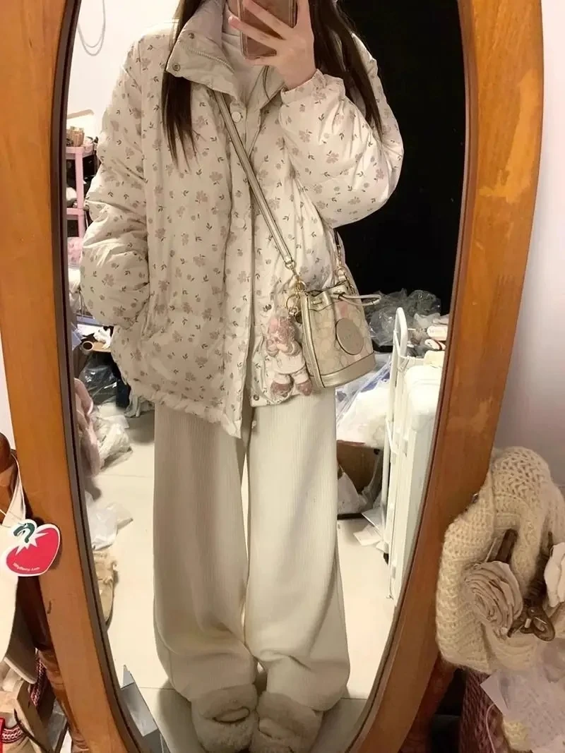 冬コート韓国ファッションパーカー甘い花柄プリントスタンドカラー暖かいジャケット女性ルーズパン服