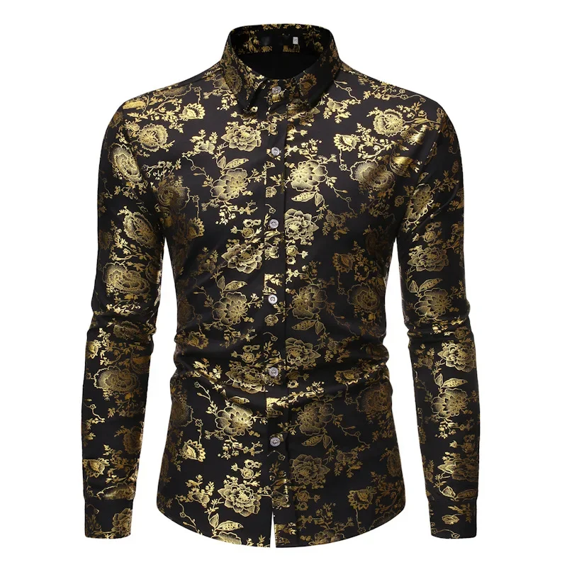 Camisa de manga larga con estampado de sello dorado para hombre, Tops de flores casuales, negro/blanco, moda masculina, boda, fiesta de graduación, Bar, KTV, nuevo