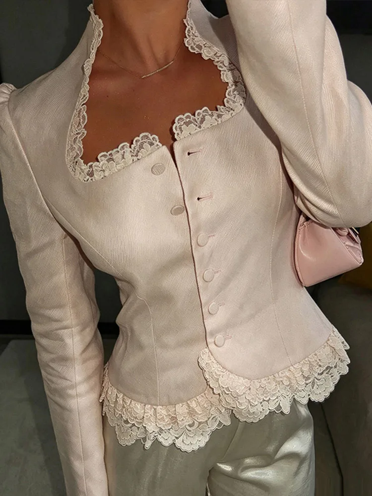 Solid Women Coat Lace Patchwork U-neck Long Sleeve Single Breasted Female Jacket Chic Lady Officewear Autumn 2026 Commute