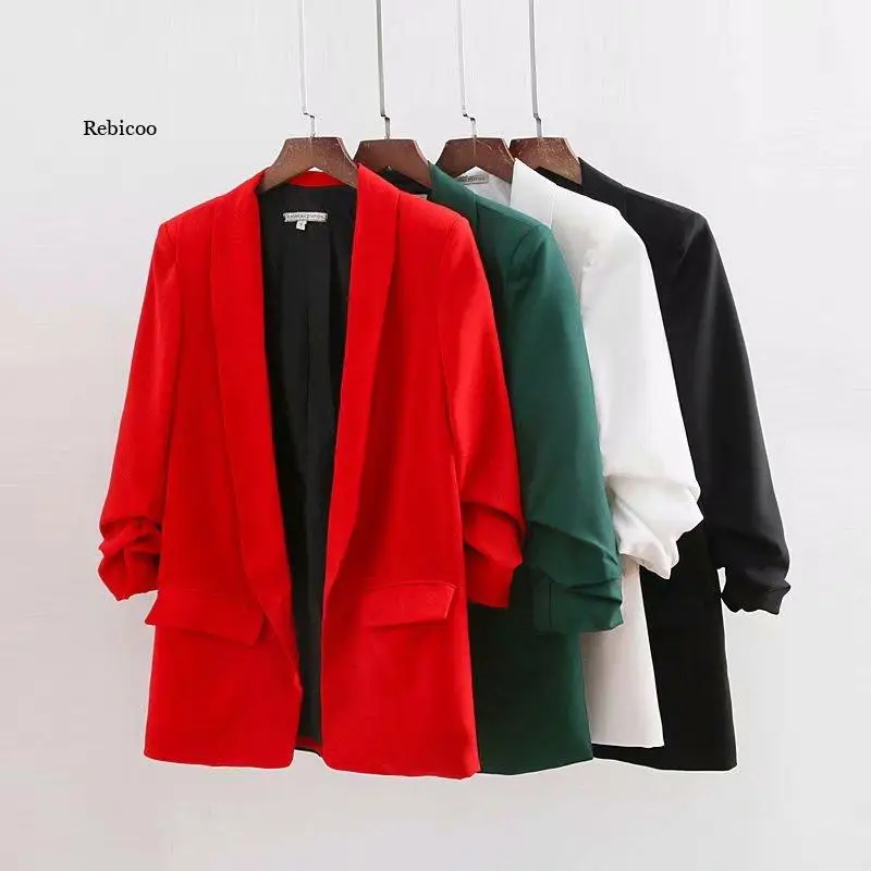 Ruched Cuff Women Spring Autumn Blazers Three Quarter Sleeve Office Lady Solid Suit Jacket Shawl Collar Pockets Coat for Female