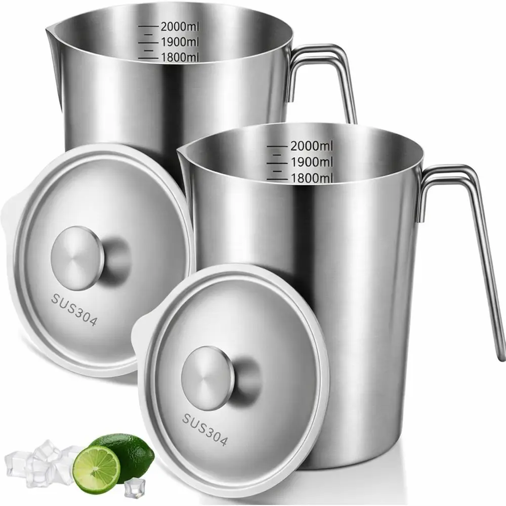 

2-Liter Stainless Steel Pitcher Set with Lid and Measuring Cup, Ideal for Brewing and Serving Beverages