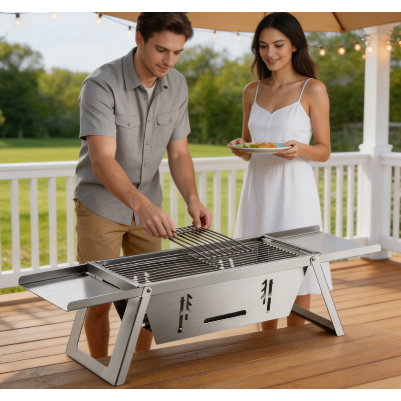  Stainless Steel Charcoal BBQ Stove Outdoor Folding Barbecue Rack Small Household Portable Carbon Grill for Camping Patio Use 