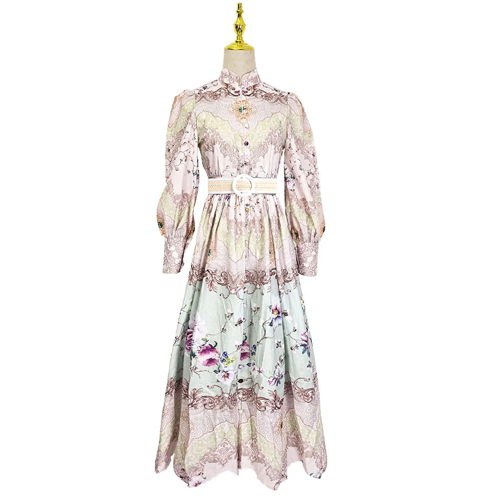 

Summer Fashion Women's Dress Vintage Print Floral Turn down Neck Lantern Sleeve Single Breasted Belt Long Gown Female Clothing