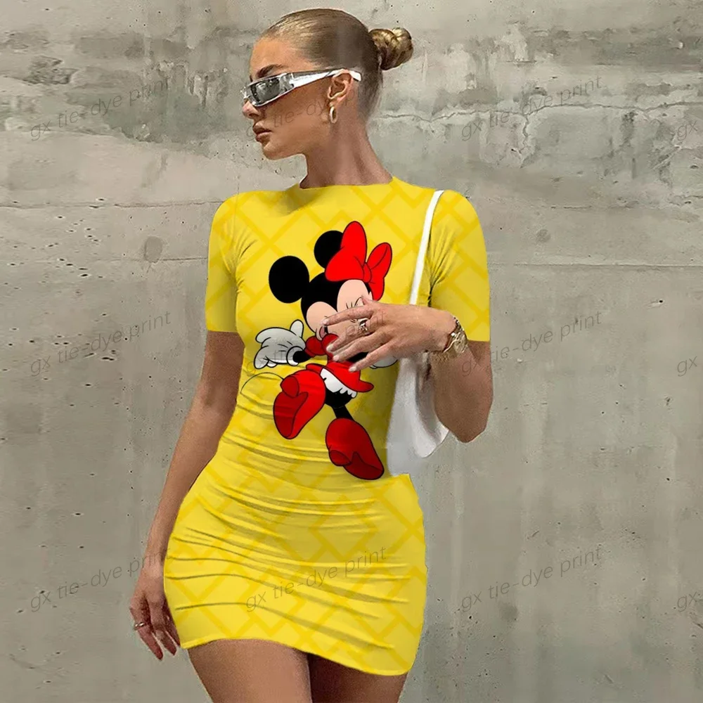 

Disney Mickey Mouse Woman Dresses Elegant Dress Office Tight Slim Lady O Neck Summer nightclub stripe print Mini Dress Vestidos