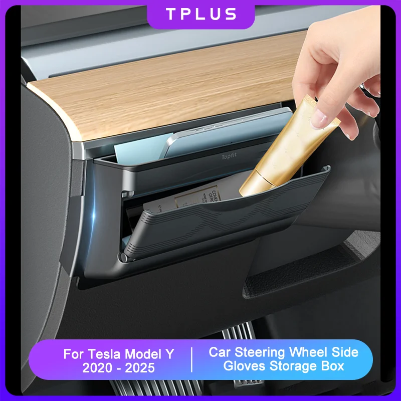 Tplus Gloves Storage Box for Tesla Model Y Card Key Sunglasses Steering Wheel Side Storage Box Organizer Car Interior Accessory