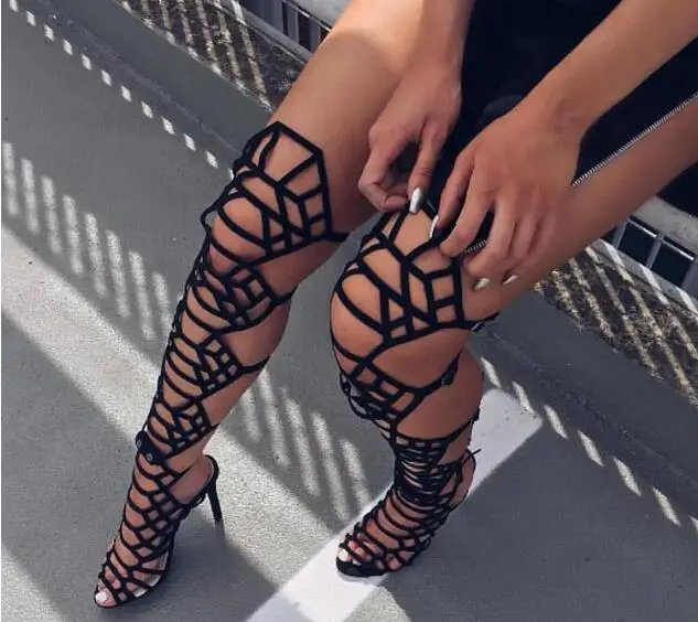 Summer Women New Black Suede Gladiator Hollow Laser Cuts Out Cage Thin Heels Over The Knee Sandals Boots Slingback Long Boots