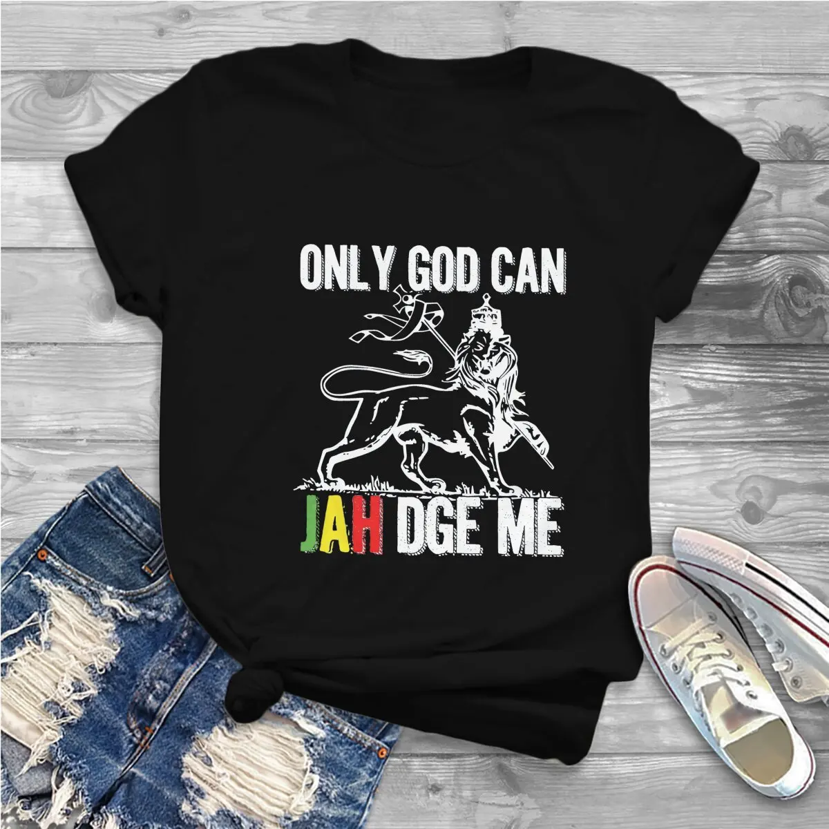 Jamaica Lion Creative TShirt for Men Only God Can Judge Me Round Collar Polyester T Shirt Distinctive Gift Clothes Tops