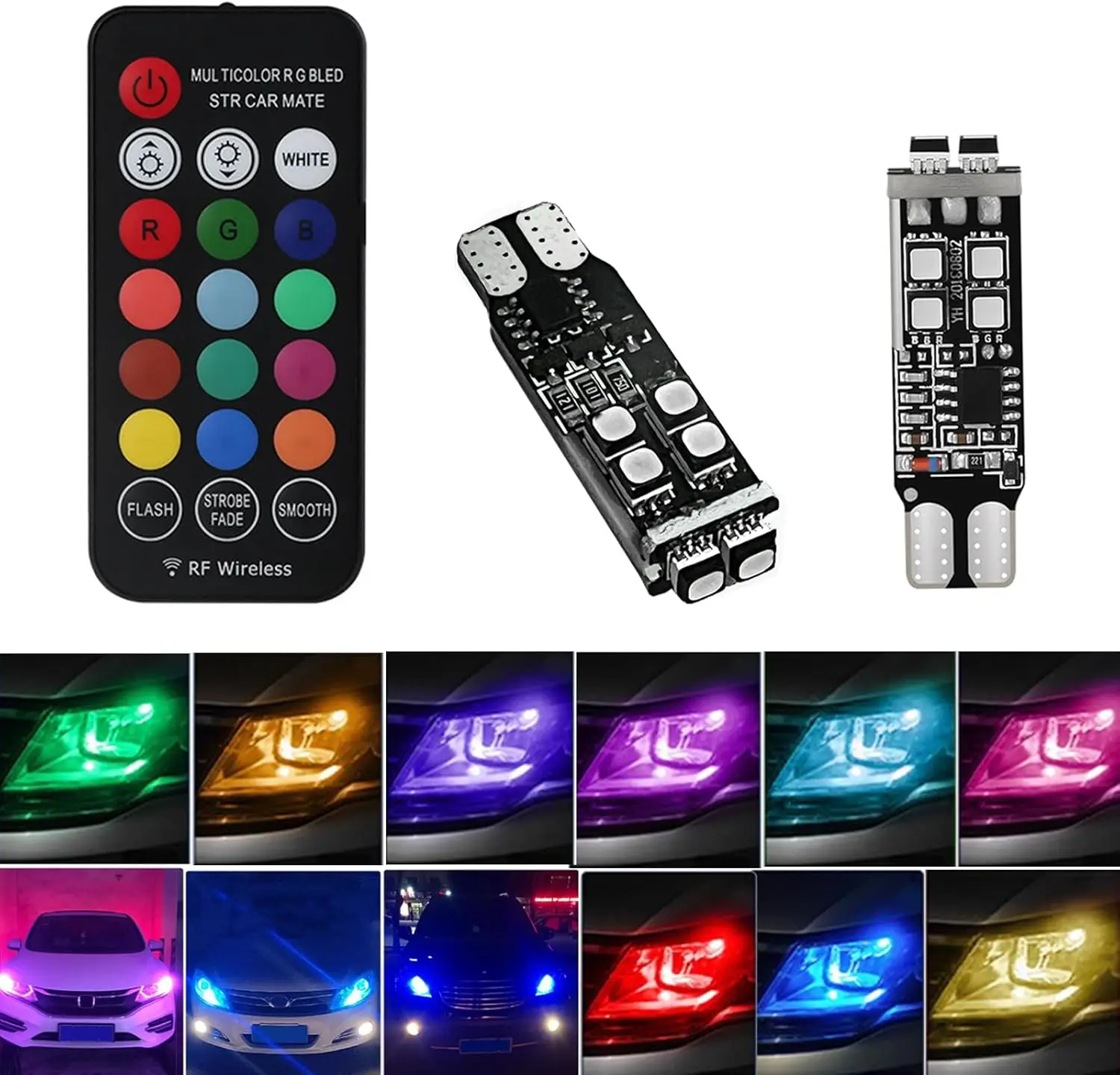 

New T10 RGB LED Bulb Width Light 194 168 w5w 2825 Atmosphere light with RF Remote 16 Colors Strobe Light Memory Function Replace