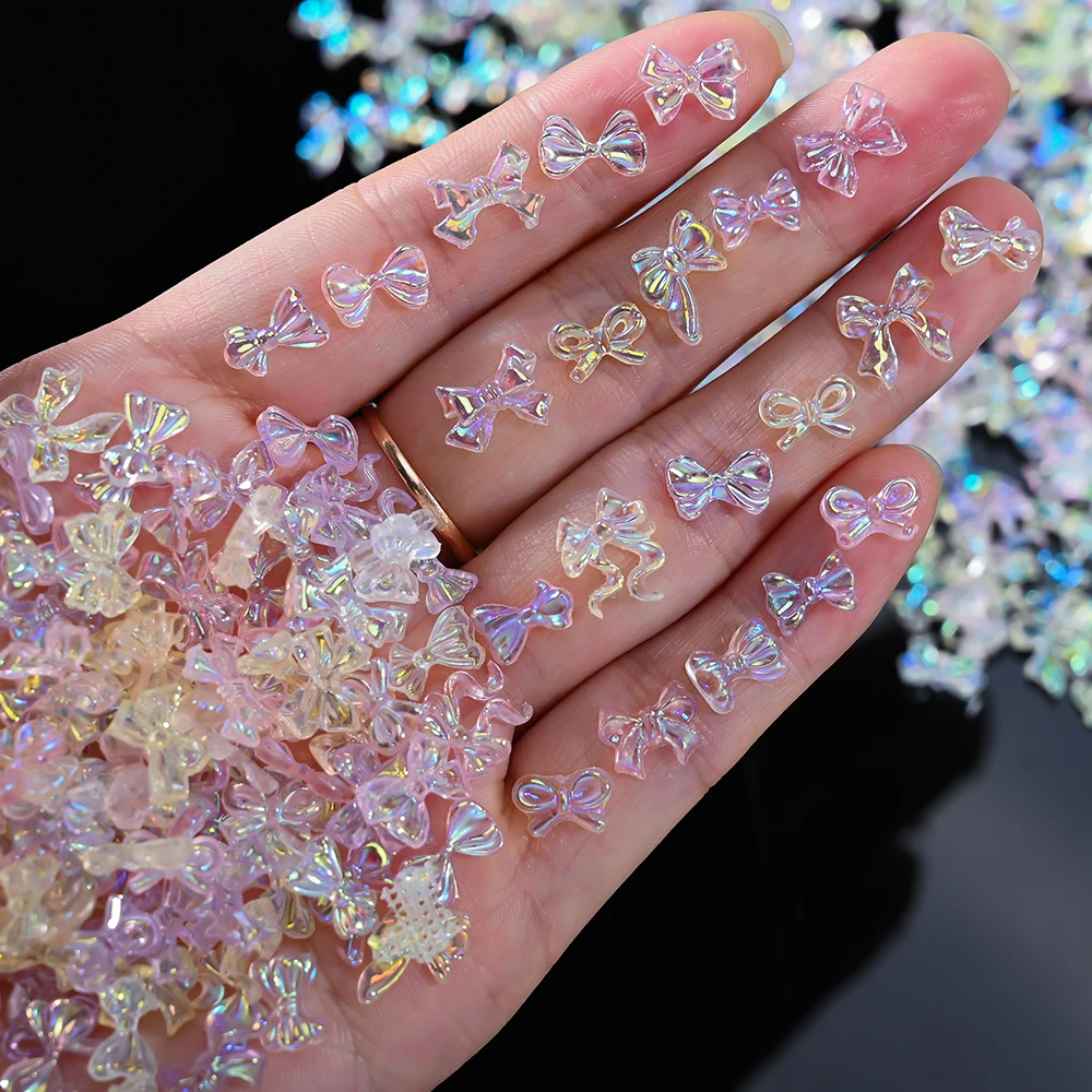 50g/Bag 3D Mixed Pink Aurora Bowknot Nail Art Charms Kawaii Resin Bow/Ribbon Rhinestones Y2K Colorful Manicure Decor Accessories