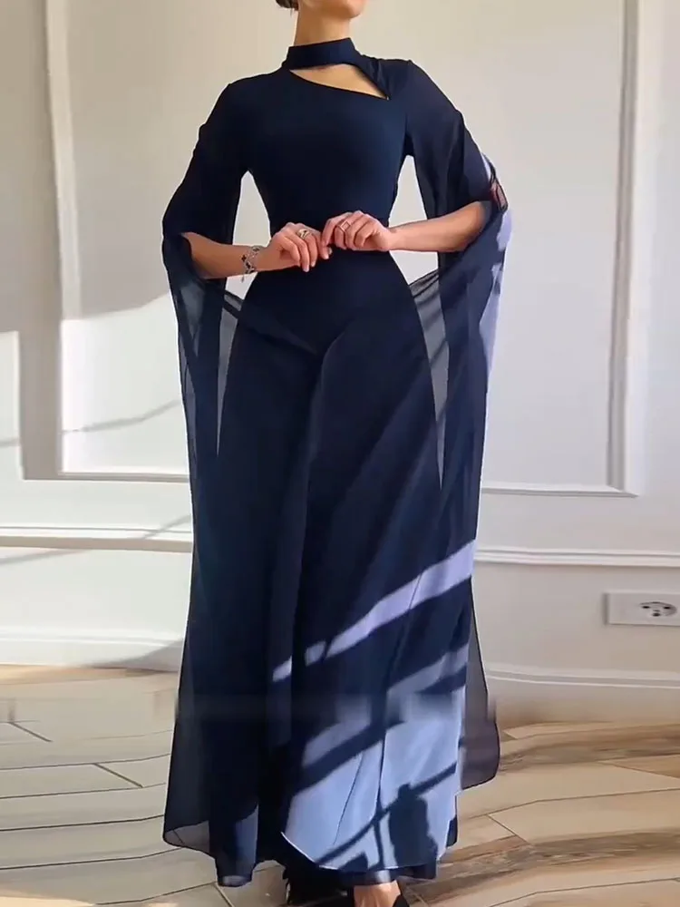 Elegante Hohe Taille Plissee Prom Kleider Damen Oansatz Herbst Chiffon Kleid Sexy Aushöhlen Lange Ärmel Einfarbig Party Kleid