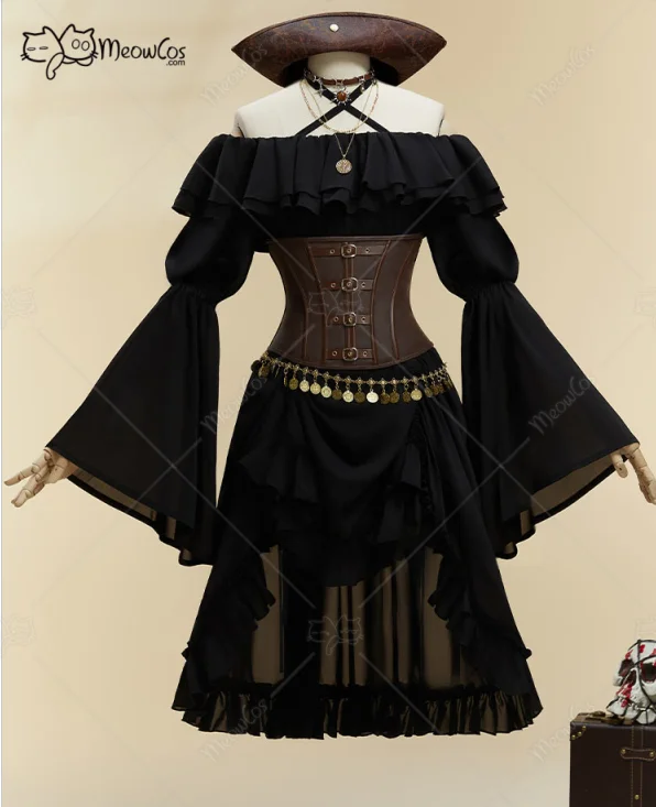 MOBBUNNY Traje de Halloween estilo pirata negro para mujer, vestido sin tirantes con corsé y sombrero, disfraces de Halloween