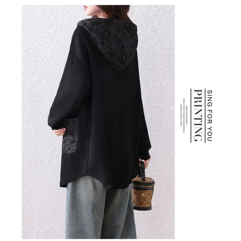 Felpa patchwork a maniche lunghe in pizzo casual a maniche lunghe con cappuccio nuovo stile alla moda per le donne