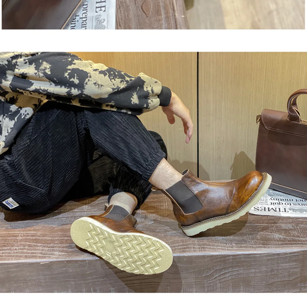 Retro Men's Genuine Leather Chelsea Boots High Top Leather Shoes Outdoor Platform Ankle Western Work Boots Elastic Oxfords - view 5