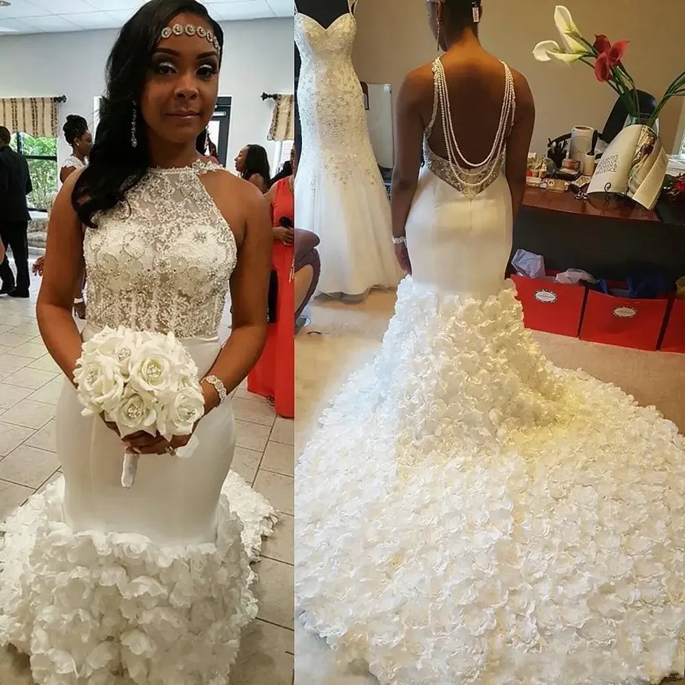 Robe de Mariée Sirène Africaine Personnalisée avec Fleurs 3D, Dos aux, Col Licou, Perles, Dentelle, Grande Taille, pour Patients, 2023