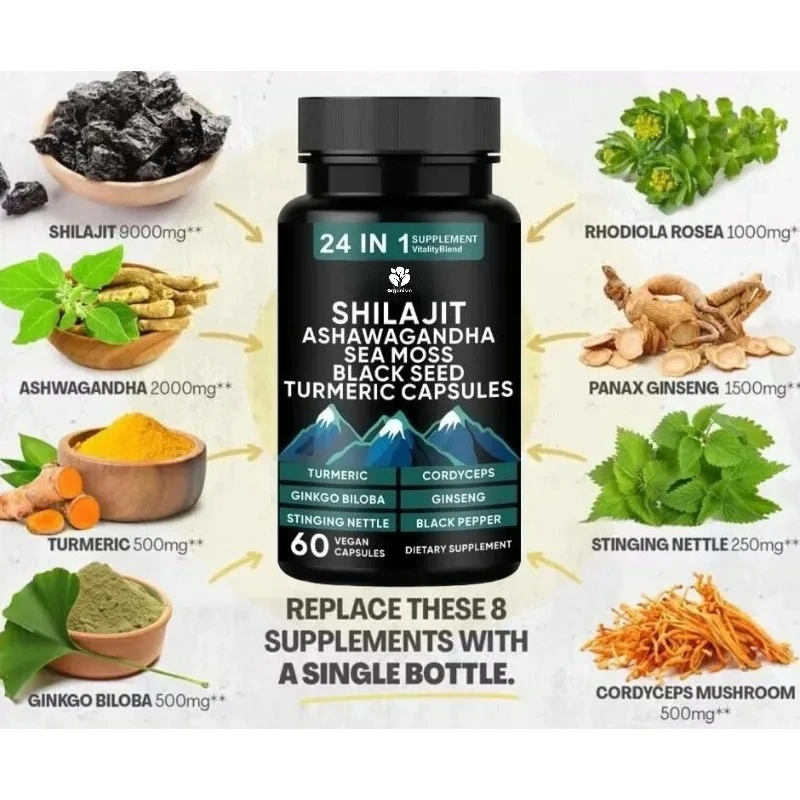 Overall health support 24 in 1 natural blend - ingredients include shilajit, black seed oil, seaweed, turmeric, etc. 60 capsules
