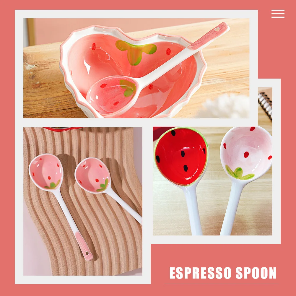 

2Pcs Fruit Pattern Ceramic Spoons Dessert Ice Cream Elegant Modern Design Mirror Polished Smooth Edges Easy Cleaning