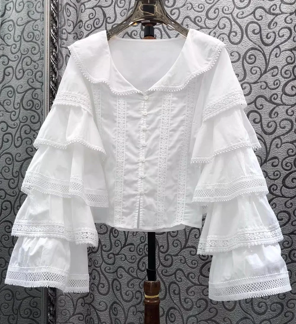 

100%Cotton Shirts 2026 Spring Summer Style Womnen V-Neck Hollow Out Lace Embroidery Patchwork Flare Sleeve White Shirts Blouse