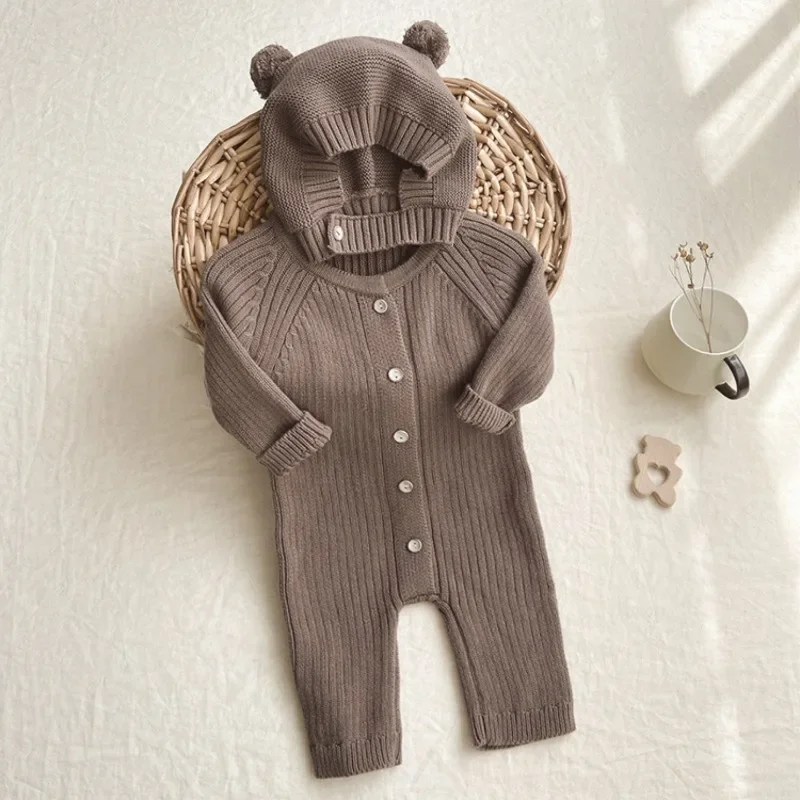 Unisex Newborn Baby Jumpsuit with Caps Clothes Sets Girl Boy Knitted Rompers Outfits Sets Autumn Winter Toddler Infant Overalls