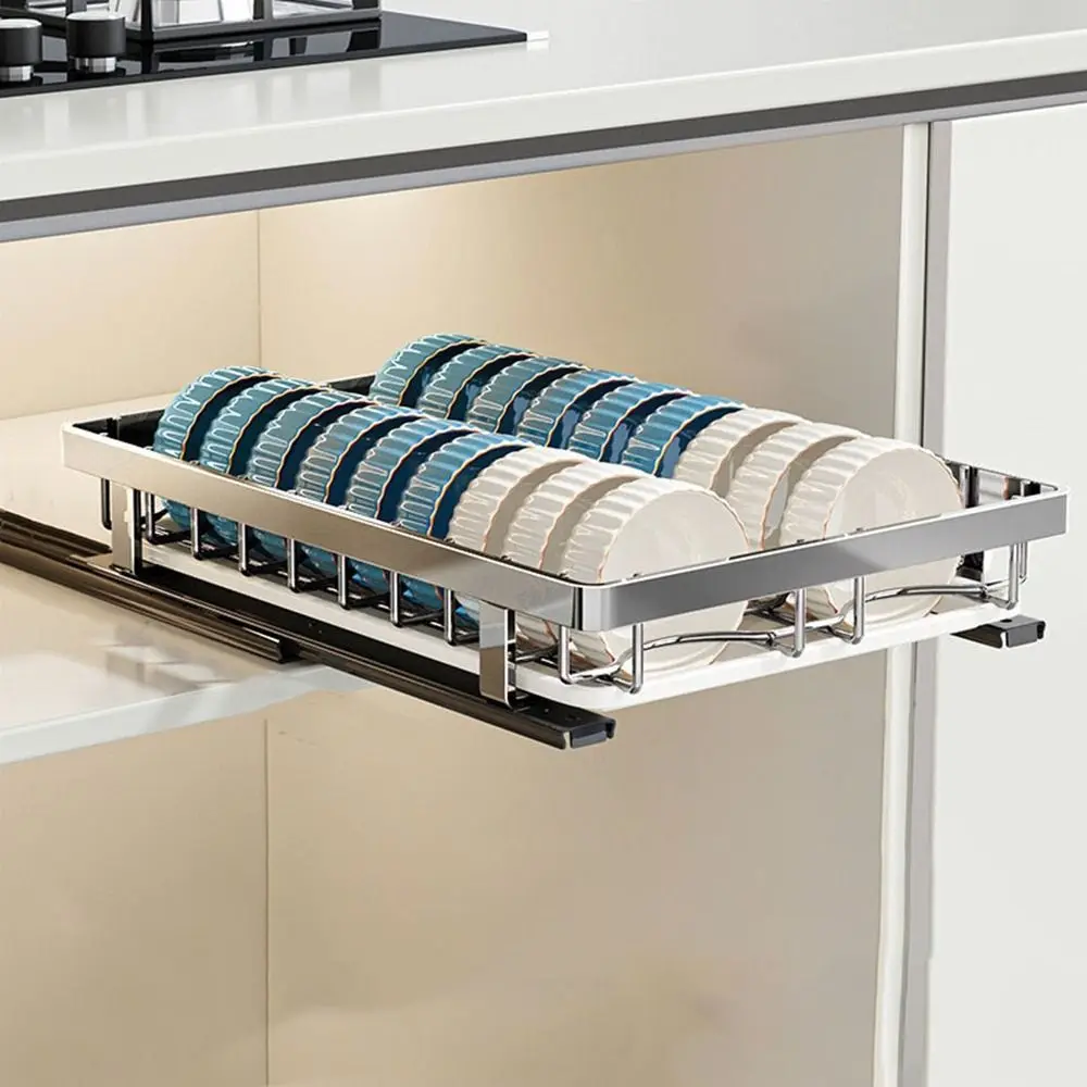 

Stainless Steel Pull-out Dish Rack Large with Handle Dish Drainer Storage Rack with Drain Tray Drawer Type