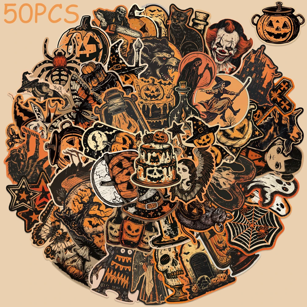 

50pcs Retro Halloween Pumpkin Ghost Stickers Decals For Phone Laptop Suitcase Refrigerator Wall Cartoon Stickers Kids Gifts