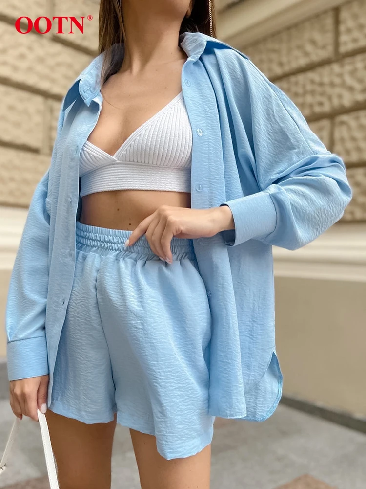 

OOTN Spring Casual 2 Piece 2024 Street Turn Down Collar Shirts Elastic Waist Shorts Two Piece Sets Women Blue Office Outfits