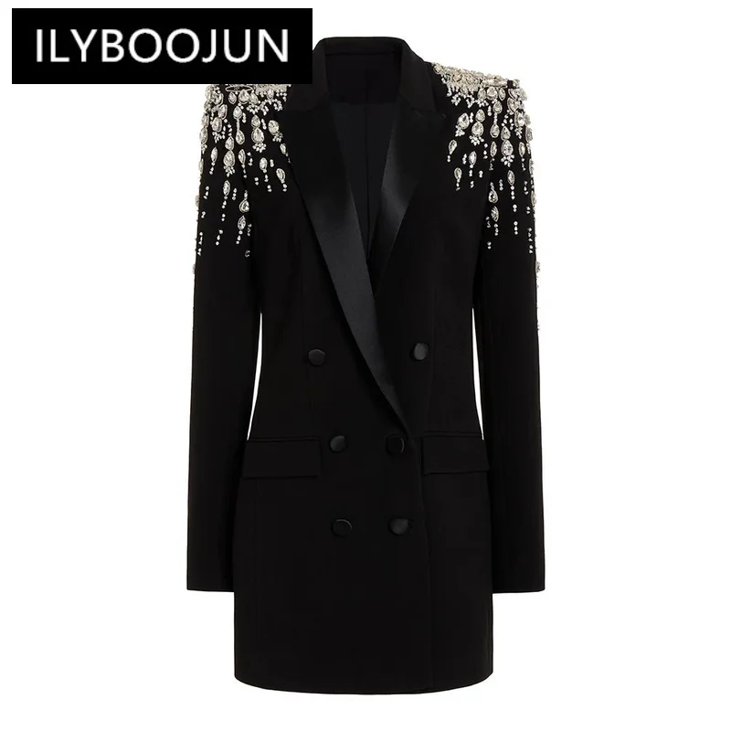 ILYBOOJUN Newest 2024 Designer Jacket Women's Double Breasted Rhinestone Diamonds Beaded Long Blazer Dress