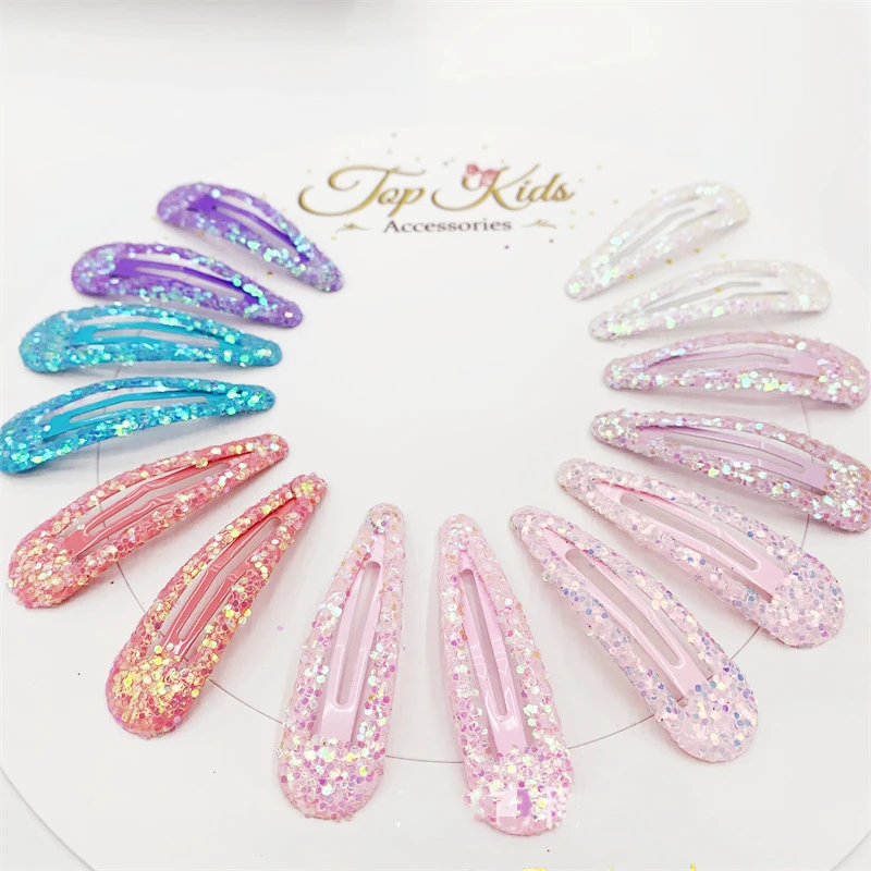 Wholesale 24pcs Colorful Dopamine Hairpins Glitter Water Drops Snap Clips Boutique Hair Accessories For Girls Fashion Headwear