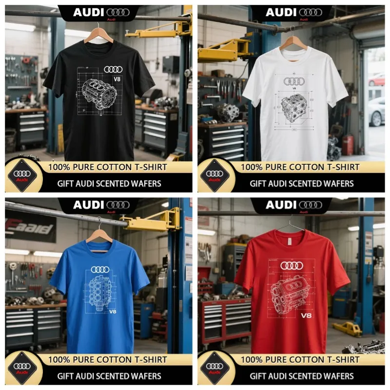 

​ ​ Мужская футболка 2025 летняя Audi Car ​ ​ Схема двигателя v8, черный хлопок, белый принт, с коротким рукавом, стиль автомеханика, дизайн
