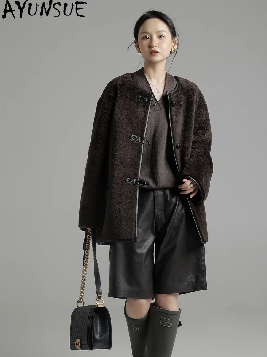 AYUNSUE Natürlicher Schaffell-Pelzmantel für Damen, mittellang, luxuriöse Echtlederjacke, warme Winterkleidung, 2025, weiblich, Servies Sierra