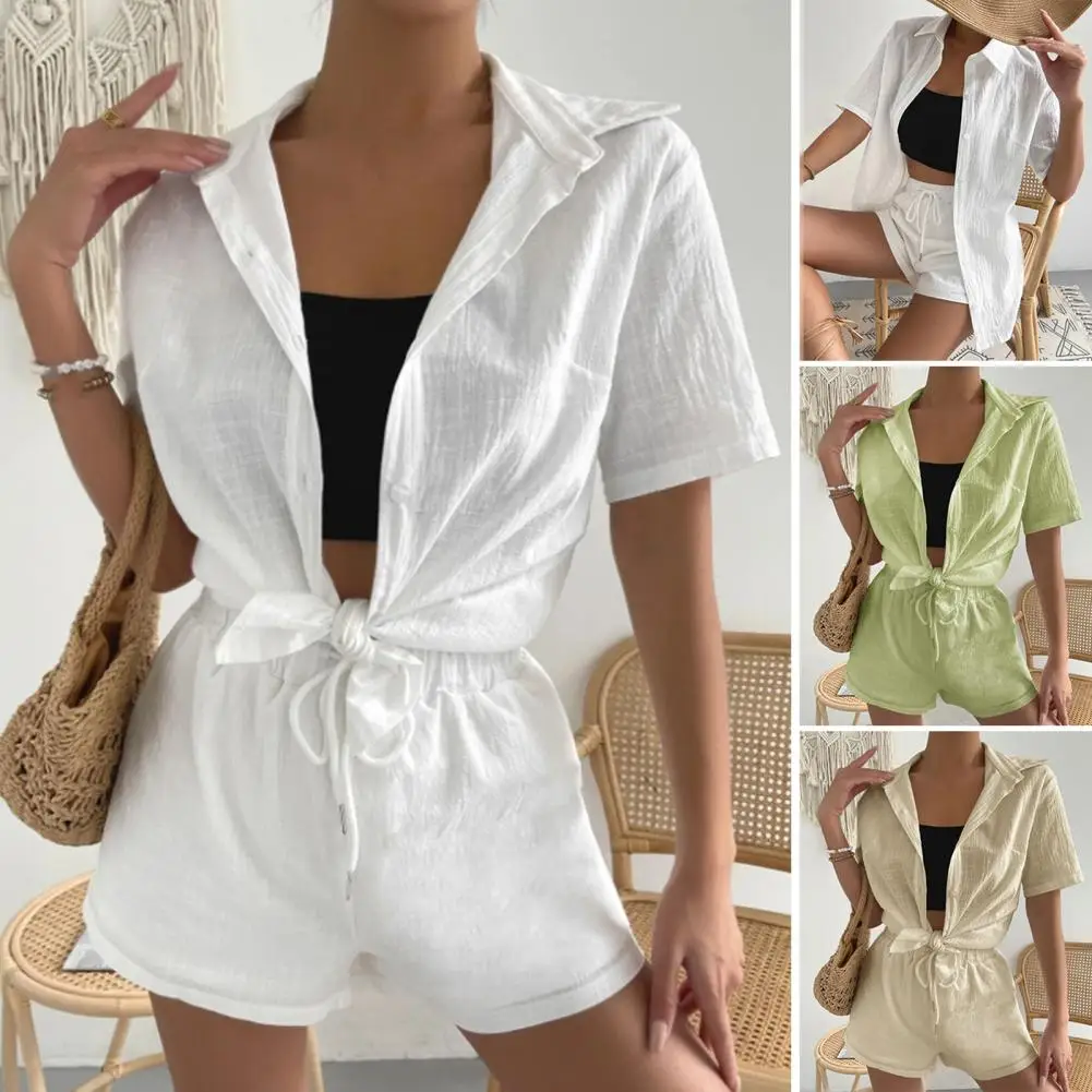 Women Shirt Shorts Set Women's Casual Shirt Shorts Set with Elastic Drawstring Waist Lapel Collar Wide Leg Design 2 for Summer