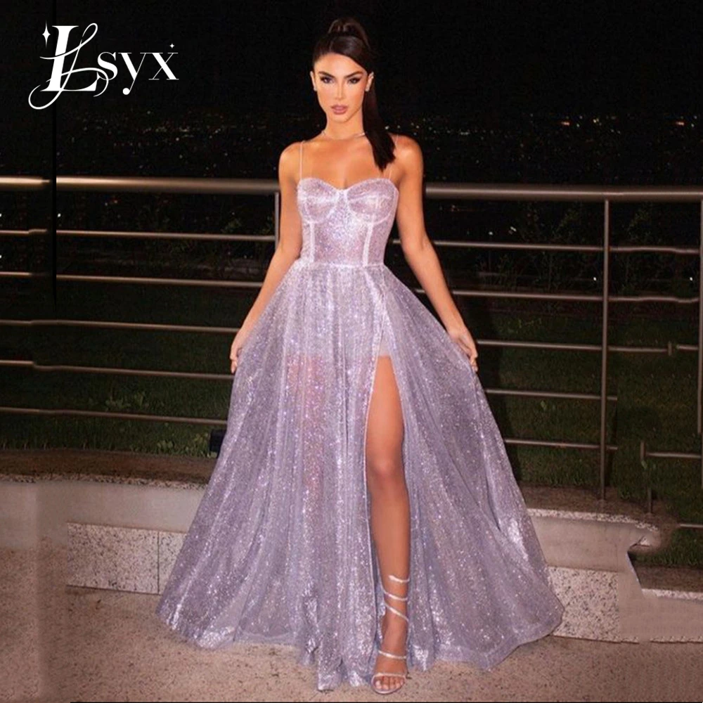 

LSYX Customized Spaghetti Straps Side Slit Evening Dress Glitter A-line Prom Dress Spring Shiny Party Dress Spaghetti Strap