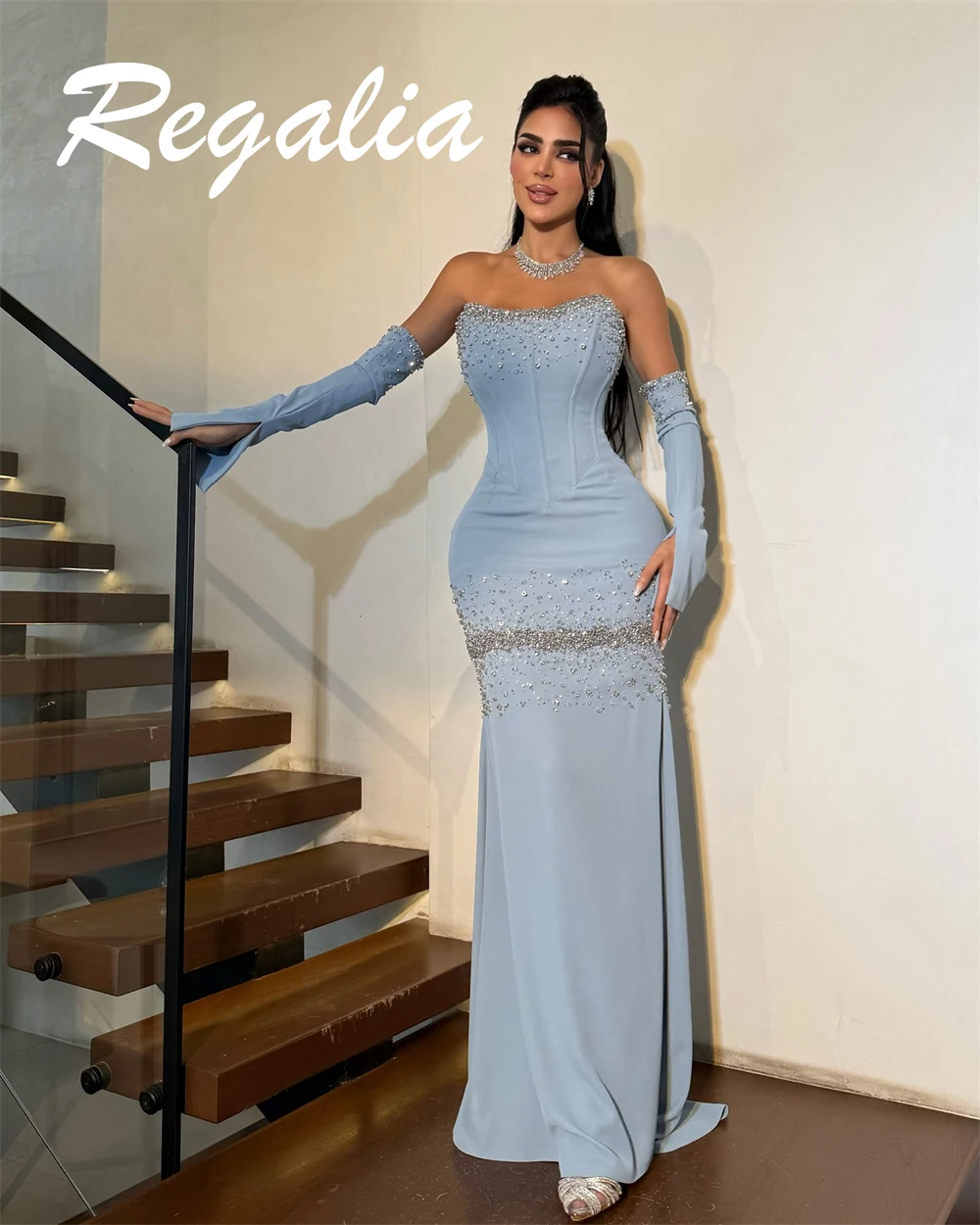 Customized Mermaid Elegant Blue Jersey Evening Dress Exquisite Strapless Detachable Sleeve Celebrity Gowns Luxury Prom Dress