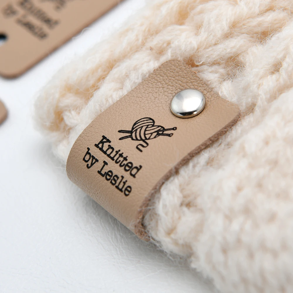 Leather Labels, Genuine Leather Tags, Labels For Rivets, Centre Fold, Laser Engraved, Knitting Product, D508