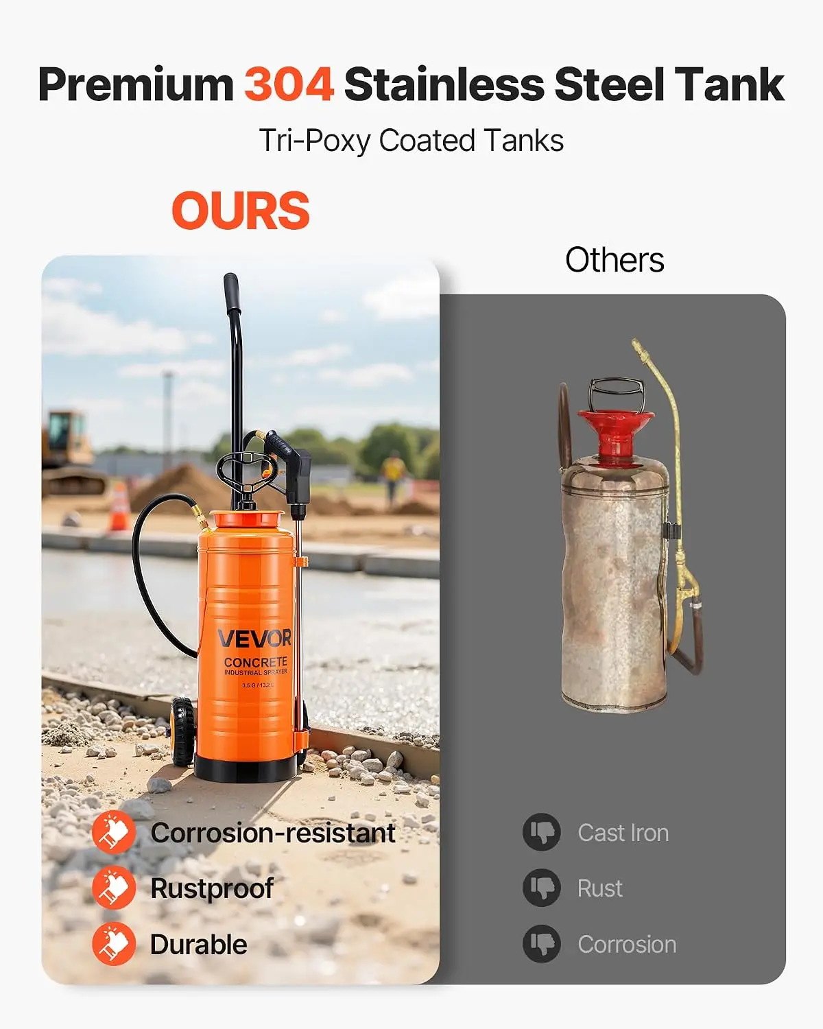 Industrial Concrete Sprayer with Wheeled Cart, 3.5 Gallon Stainless Steel Sprayer, Heavy Duty Tri-Poxy Pump Sprayers, 20.5