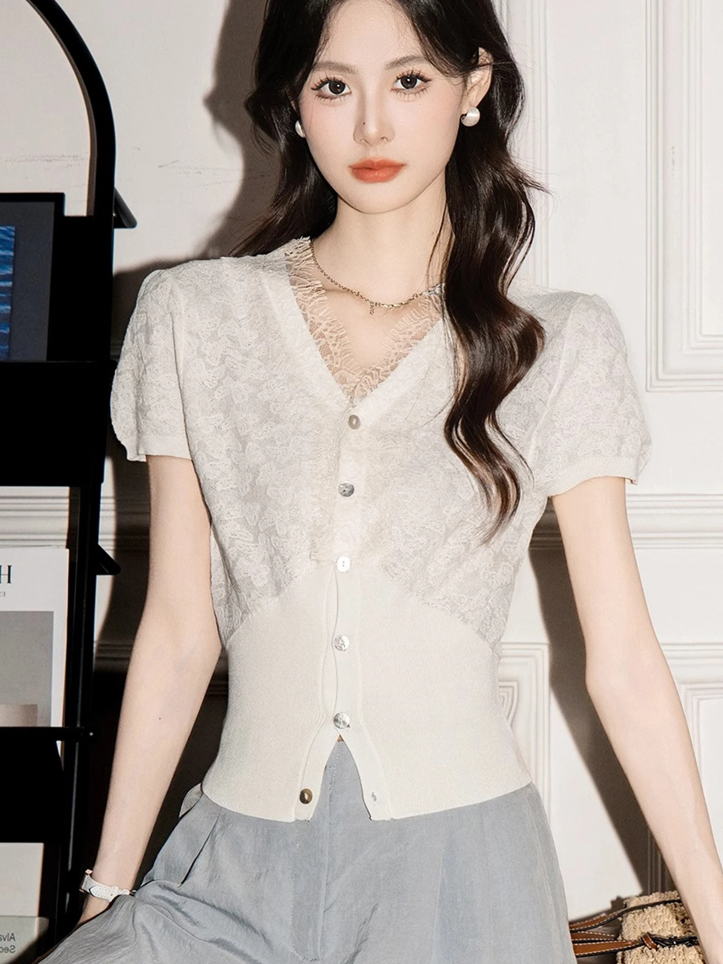 Ele Lace Trim Design Gebreid ort Sve Pure Color Zomer 2025, damesvest, trui, woon-werkverkeer, normale pasvorm, medium...