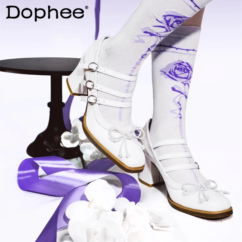 

European and American Fashion White High Heels Japanese Mass-Produced Lolita Square Mary Jane Shoes Gothic Black Leather Shoes