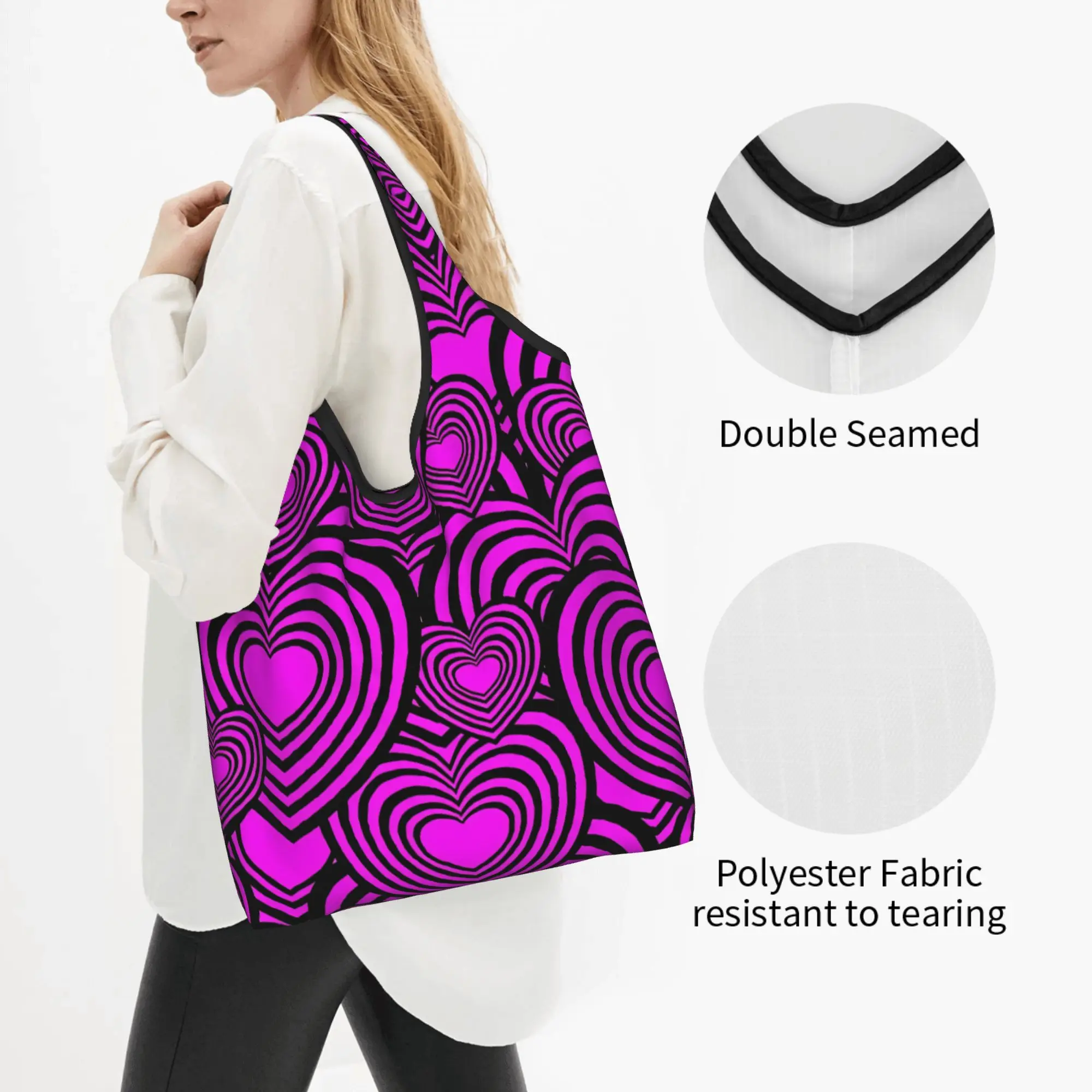 Fashion Op Art Overlapping Concentric Hearts Shopping Tote Bag  Hypnotic Psychedelic Striped  Grocery Shopper Shoulder Bag